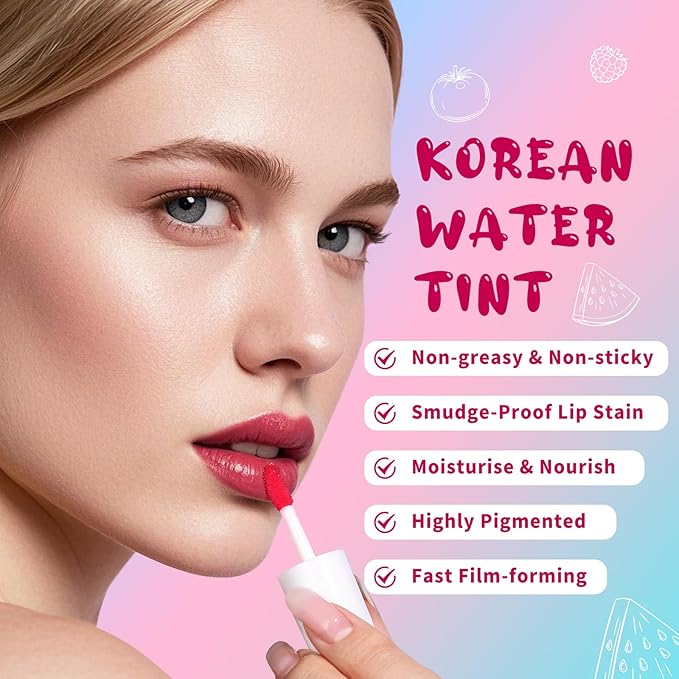 Lip Tint Stain, Long Lasting Korean Lip Stain Set, Non-sticky Waterproof Lightweight Lip and Cheek Tint, Moisturizing High Pigment Water Tint, Matte Finish Lip Tint