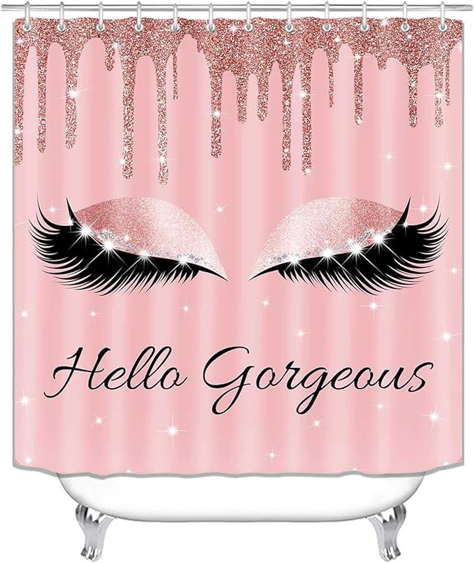 4PCS Hello Gorgeous Unicorn Eyelash Shower Curtain Set Luxury Diamond Rose Gold Glitter Eyeshadow Makeup Pink Glam Beauty Fashion Girly Women Bathroom Decor Non-slip Bath Mat Toilet Rug, Bling