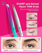 Expert Slant and Point Tip Tweezer Set with Exclusive Travel Case, GlamTweeler Sharp & Precision Tweezer Set for Eyebrows, Facial Hairs & Fine Hairs Removal (Sparkle Purple & Turquoise + Silver)