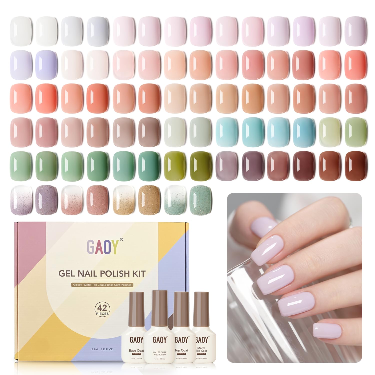 GAOY 42 Pcs Gel Nail Polish Kit, Pastel Jelly Pink Green Shimmer Colors All Seasons Gel Nail Polish Set with Glossy & Matte Top Coat and Base Coat for Salon and DIY Manicure at Home