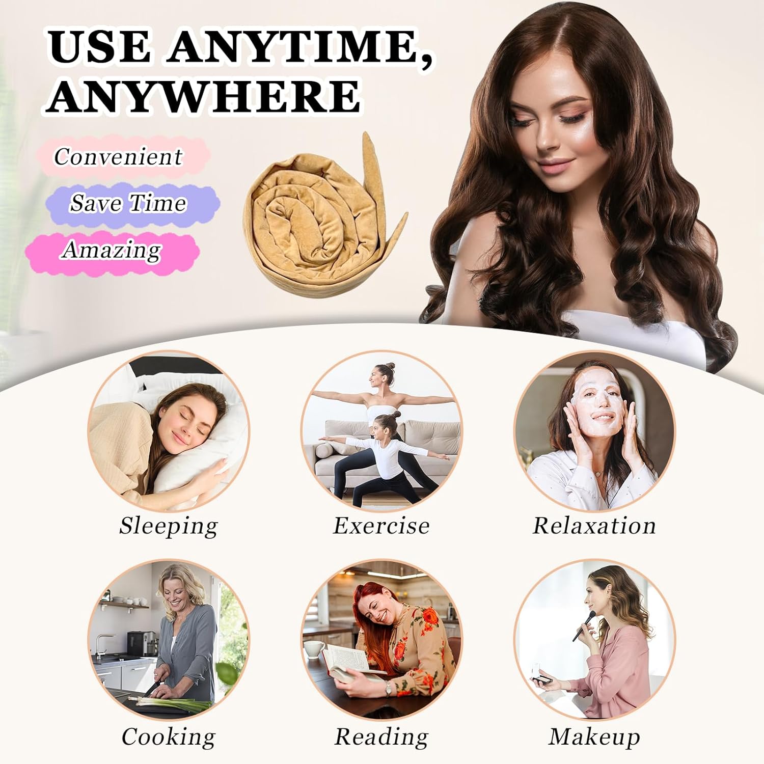 70" Soft Hair Curlers for Overnight Curls - No Heat Curl Wrap with 9 Rods for Long Hair, Khaki