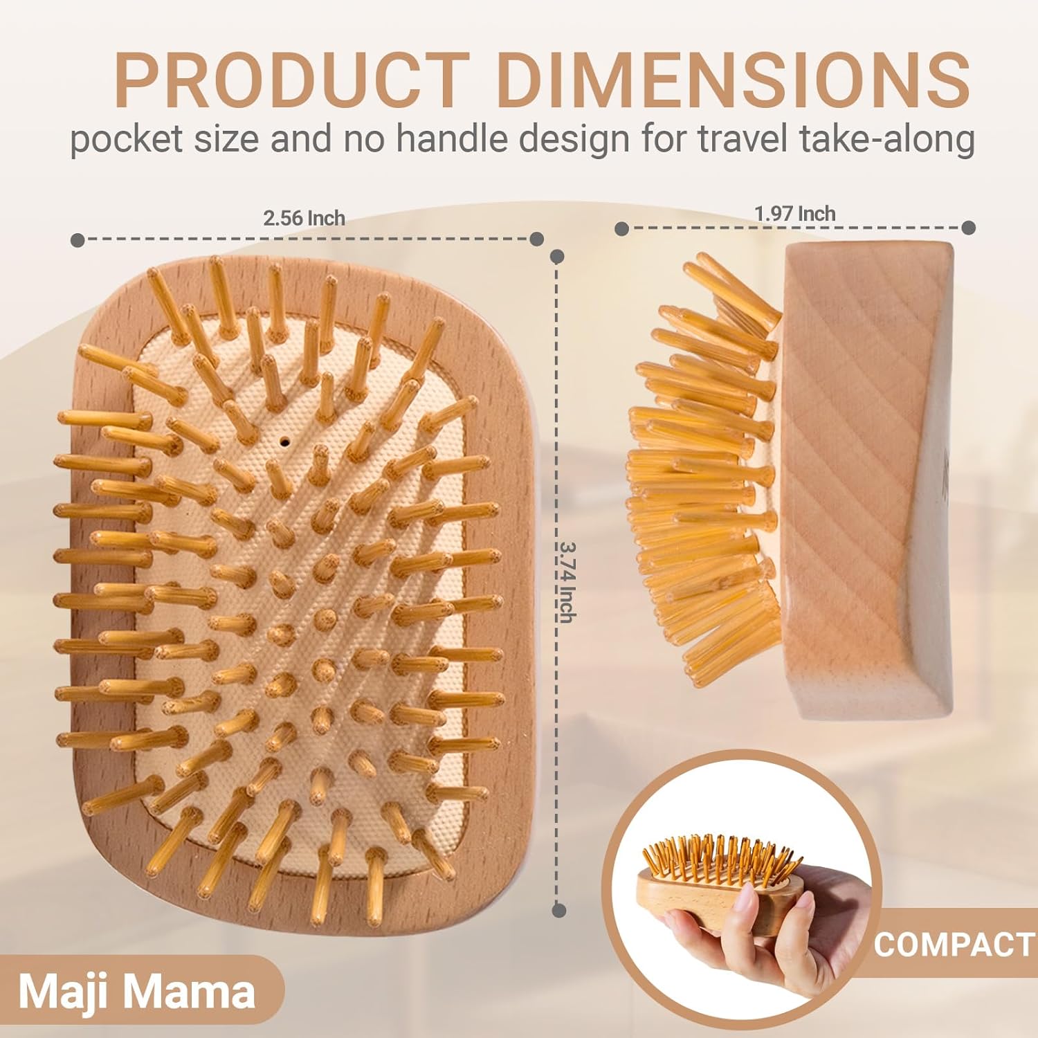Handmade Natural Wooden Hair Brush Hairbrush with Bamboo Pins Massage Scalp & Detangling All Hair Types For Hair Growth,Scalp Massager Mini Brush No Handle Design