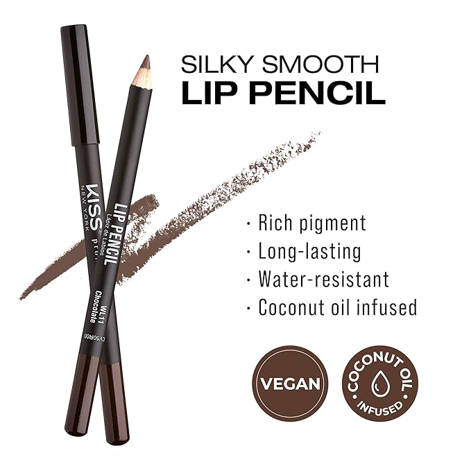 KISS New York Professional Slim Lip Pencil, Creamy Soft Lip Liner, Smooth Long-Lasting Rich Lip Color, Natural Lip Makeup, Water-Resistant Lip Crayon (Chocolate)