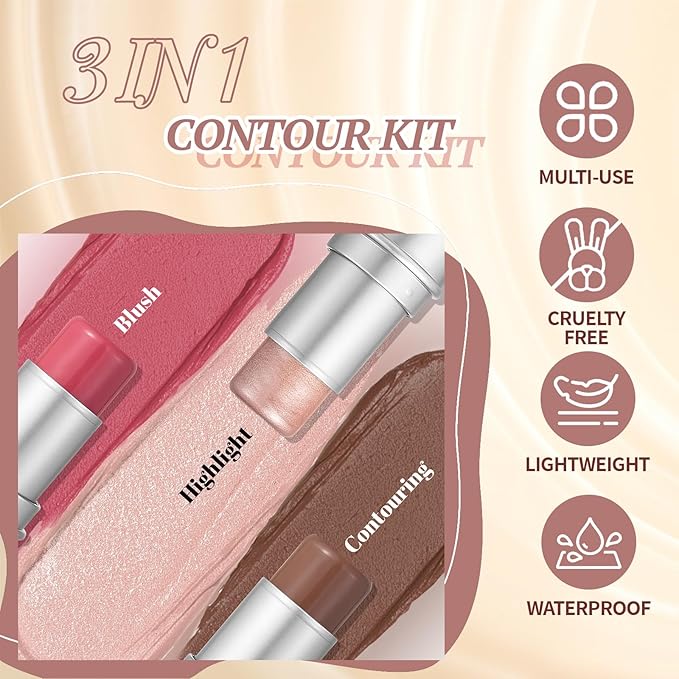 3 Pcs Cream Waterproof Blush Contour Highlighter Stick Finishing Makeup