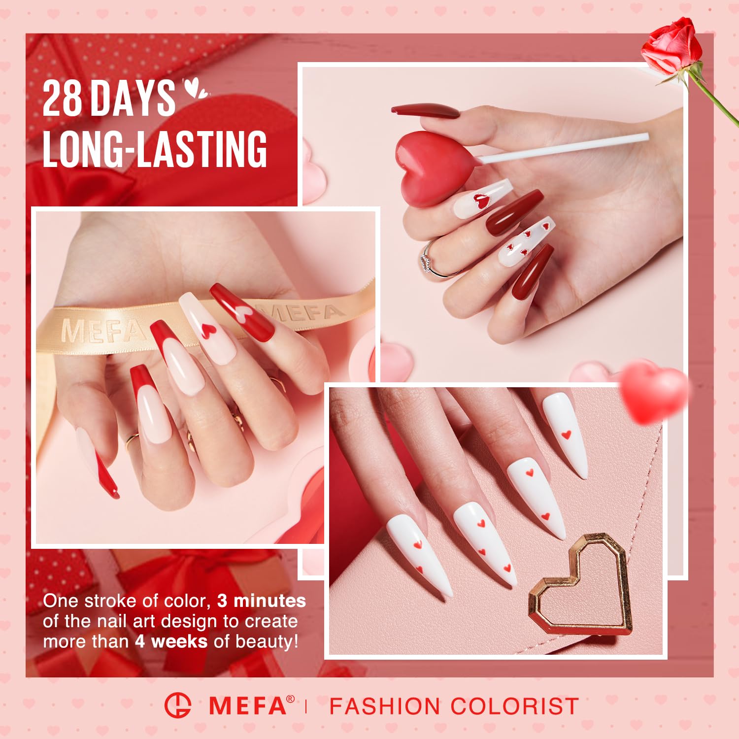 MEFA 6 Colors Red Gel Nail Polish Set, Fall Winter Christmas Glitter Shades Sparkle Silver Champagne Love Times Tones Salon Decorations Nail Art Design at Home Manicure DIY Kit Gifts for Women Girl