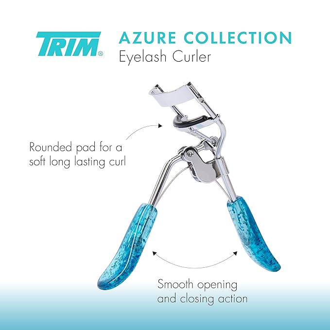 TRIM Azure Collection Eyelash Curler – Curls Quickly and Easily for Longer-Looking Lashes – Smooth Opening and Closing Action – Easy-to-Grip Handles – Eye Pads are Gentle on Lids While Curling