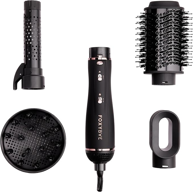 Foxybae Super Styler – 4-in-1 Blow Dryer Brush Set - Diffuser, Blowout Brush, 1.25” Curling Barrel & Drying Cylinder - Voluminous, Frizz-free Hair - Blow Dryer, Straightener & Curler [Black Rose-Gold]