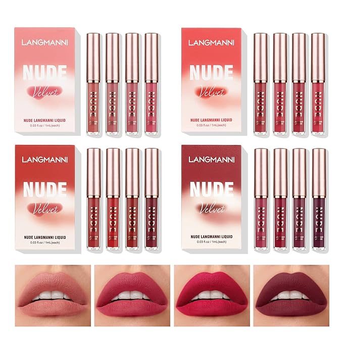 Mini Matte Lip Glaze Set, 16Pcs Liquid Lip Gloss with Gift Box, Rose Nude Red Lip Gloss Lip Stain Long Lasting Waterproof Non-Stick Lip Make Up Gift Set for Mum, Wife and Daughter
