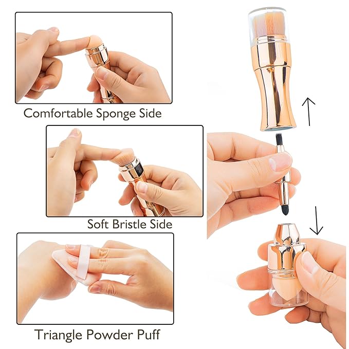 kullder 4 in 1 Makeup Brush Travel Makeup Brushes Blend Sponge, Eyebrow, Eyeshadow & Blush Brushes for Foundation Concealer Double Ended Makeup Brush with Powder Puff Women Ideal Gifts