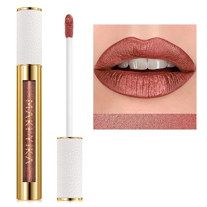 MAKI YIKA Metallic Lipsticks Long Lasting Brown Lipstick for Women, High Shine Glitter Lipstick No Smudge Transferproof iquid Lip Gloss (BR09 Celebration)