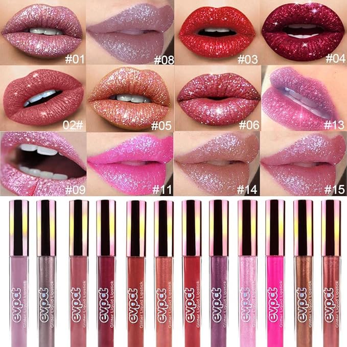 evpct 2Pcs Plum & Dark Wine Red Matte to Glitter Liquid Lipstick Long Lasting Lip Set Kit for Women Diamond Shiny Glitter Sparkly Glossy Metallic Shimmer Sparkle Waterproof Lipstick Lip Gloss 06+13