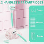 DreamGenius Razors for Women Include 2 Non-Slip Handles and 14 Blade Refills with a Shower Holder, 5 Premium Blades Women's Razors for Shaving with 360° Lubrication Reduces Irritation, Green