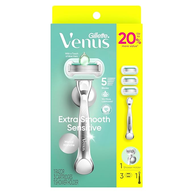 Venus Extra Smooth Sensitive Women's Razor with Reusable Razor Handle, 3 Razor Blade Refills and Shower Holder