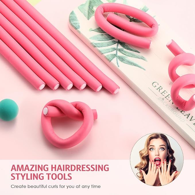 Syhood 30 Pcs 7'' Flexible Curling Rods Twist Foam Hair Rollers Soft Foam No Heat Hair Rods Rollers and 1 Steel Pintail Comb Rat Tail Comb for Women Long Short Hair(Pink,7 x 0.55 Inch)