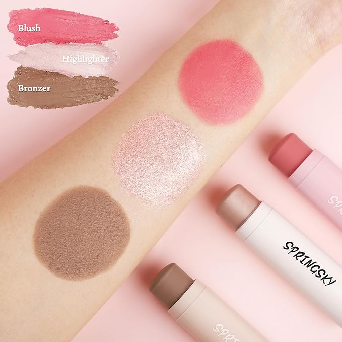 Face Stick Trio 3Pcs Multi Makeup Blush Highlighter Contour Sticks, Buildable Blendable Lightweight Cream Blush Stick for Cheeks Lips Make Up For Women (05)