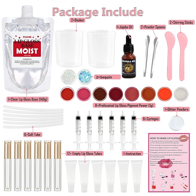 Lip Gloss Making Kit, TSVATE Lip Gloss Kit, Diy Lip Gloss Making Kit, Fun Make Your Own Lipgloss Kids Lip Gloss for Girls, Women, Moisturizing Lip Gloss Base, Jojoba Oil, Lip Gloss Tubes, Gift for Her
