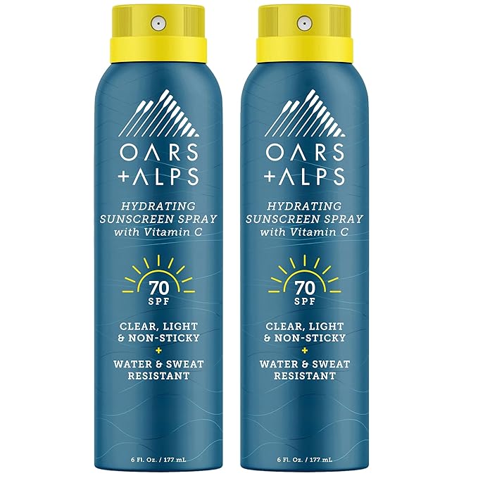 Oars + Alps Sunscreen Spray for Face & Body, SPF 30 Spray Sunscreen Infused with Vitamin C & Antioxidants, No White Residue, Water & Sweat Resistant, All Skin Types, Lightweight, Hydrating, 6oz, 2pk