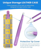 Expert Slant Tip Tweezers with Leather Case, GlamTweeler Sharp & Precision Stainless Steel Tweezer for Eyebrows, Facial Hair and Fine Hairs Removal (Violet)