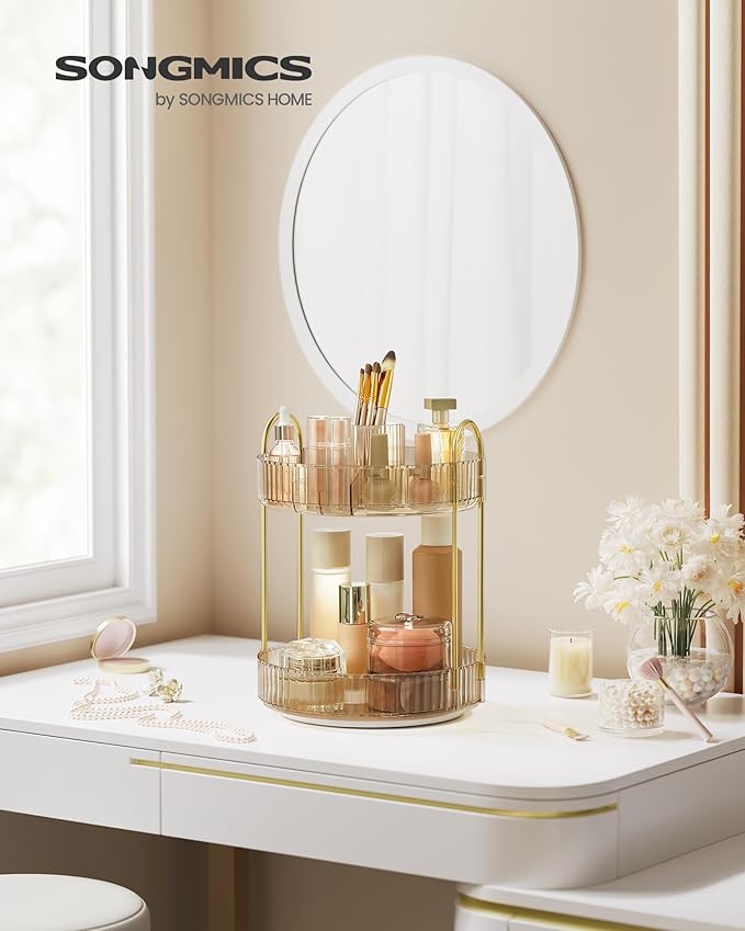 SONGMICS Makeup Organizer, 2-Tier Round Rotating Skincare Organizer Countertop, Customizable, Toiletries Vanity Organizer, Lazy Susan, Gift, Champagne Gold UJKA012A01