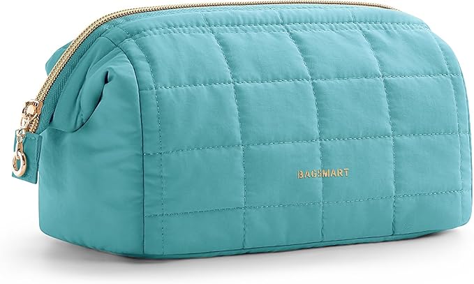 BAGSMART Makeup Bag Travel Cosmetic Bag, Puffy Padded Make Up Bags for Women Makeup Organizer Case, Wide-open Pouch Purse Travel Essentials Toiletries Accessories Brushes, Teal