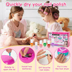 Kids Nail Polish Set for Girls, Nail Art Kit with Nail Dryer, 9 Peel Off Washable Polish, 24 Press on Fake Nails, Glitter Powder, Gifts for Girls Ages 6-12