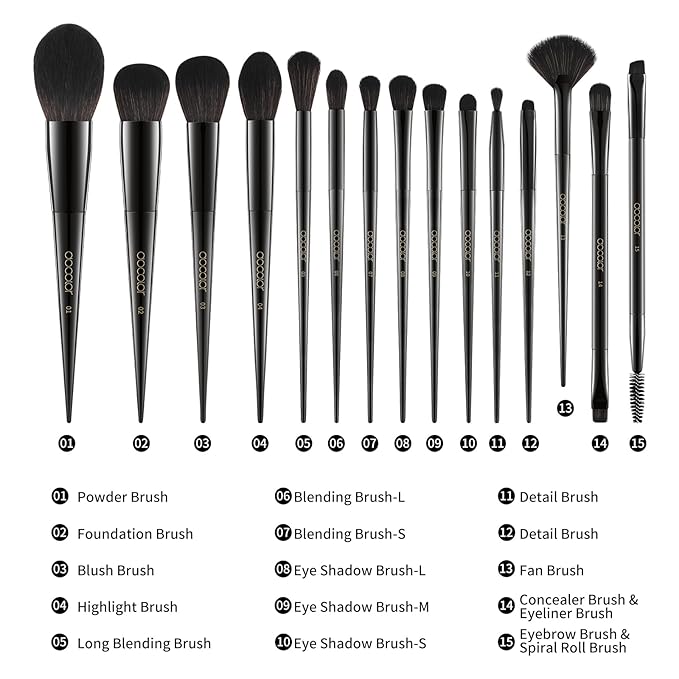 Docolor Makeup Brushes 15Pcs Obsidian Makeup Brush Set Premium Synthetic Powder Kabuki Foundation Contour Blush Concealer Eye Shadow Blending Eyeliner Crease Eyebrow Make Up Brush Kit
