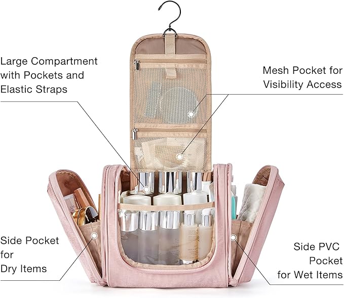 BAGSMART Toiletry Bag for Women, Travel Toiletry Organizer with hanging hook, Water-resistant Cosmetic Makeup Bag Travel Organizer for Shampoo, Full-size Container, Toiletries, Pink-Medium