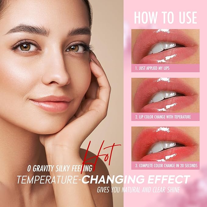 VANERIA Color Changing Lip Gloss,Clear to Pink,Fruit Flavoured Lip Changing Lip Gloss,PH Lip Color,Long Lasting Moisturizing(3.5ml/0.11Fl.Oz) (Apple)