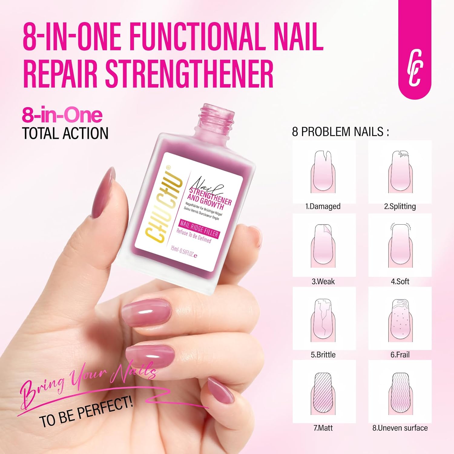 Nail Strengthener for Women: 8 in 1 Dusty Rose Nail Hardener Extra Strong and Growth - Nail Polish Hardener for Weak and Damaged Nails 15ml