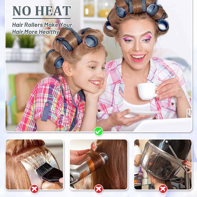 Acejoz Hair Rollers, 12Pcs Large Self Grip Hair Rollers with 12Pcs Stainless Steel Duckbill Clips, for Long Medium Thick Hair Volume (Navy Blue)