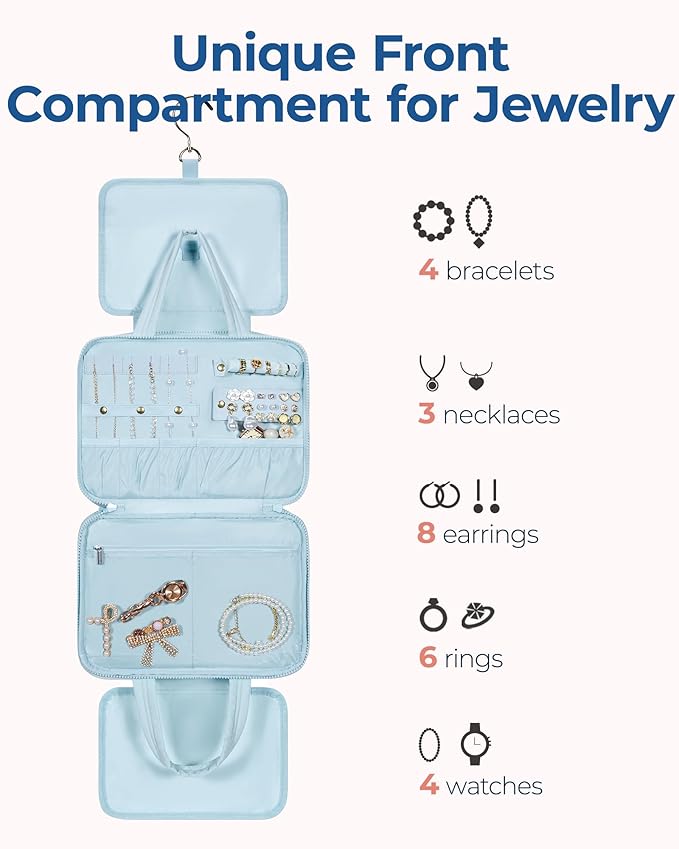 BAGSMART Travel Toiletry Bag with Jewelry Organizer, Hanging Travel Bag for Toiletries, Puffy Makeup Cosmetic Bag Organizer, Carry-on Travel Accessories Essentials, Light Blue-L