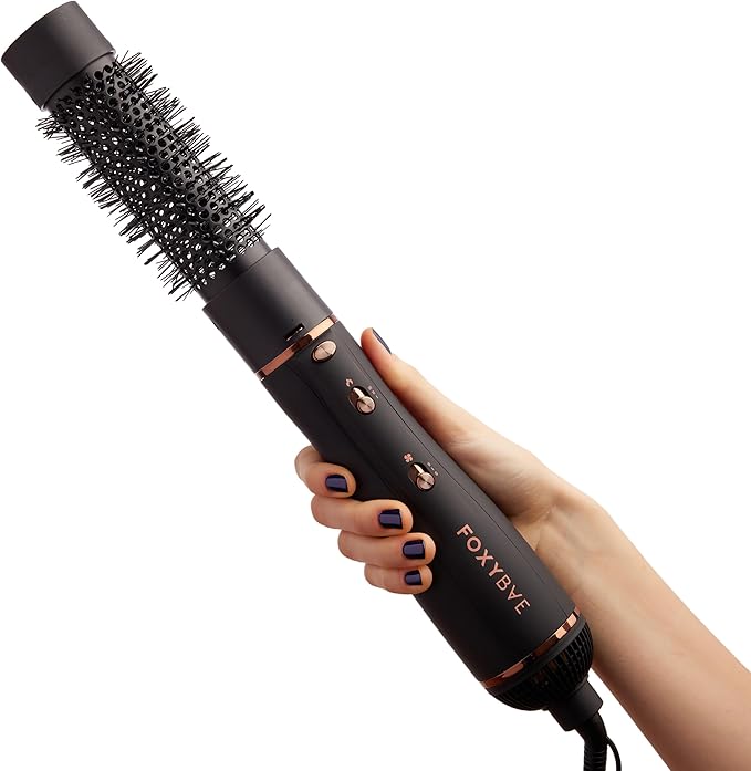 FoxyBae 3-in-1 Ceramic Interchangeable Hair Tools - Blowout Dryer - 3 Detachable Heads: 2.4" Blowout Brush, 1.5" Hot Round Brush & Drying Cylinder Hair Dryer Brush & Hair Styling Set [Black Rose-Gold]