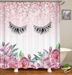 4PCS Diamond Eyelash Shower Curtain Set, Rustic Flower Botanical Bouquet Confetti Girly Makeup Fashion Bathroom Decor Waterproof Fabric Shower Curtain Non-Slip Bath Mat Toilet Rug, Pink Floral