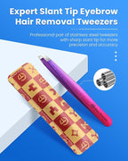 Expert Slant Tip Tweezers with Leather Travel Case, GlamTweeler Sharp & Precision Stainless Steel Tweezer for Eyebrows, Facial Hair and Fine Hairs Removal (Sparkle Deep Violet & Lavender)