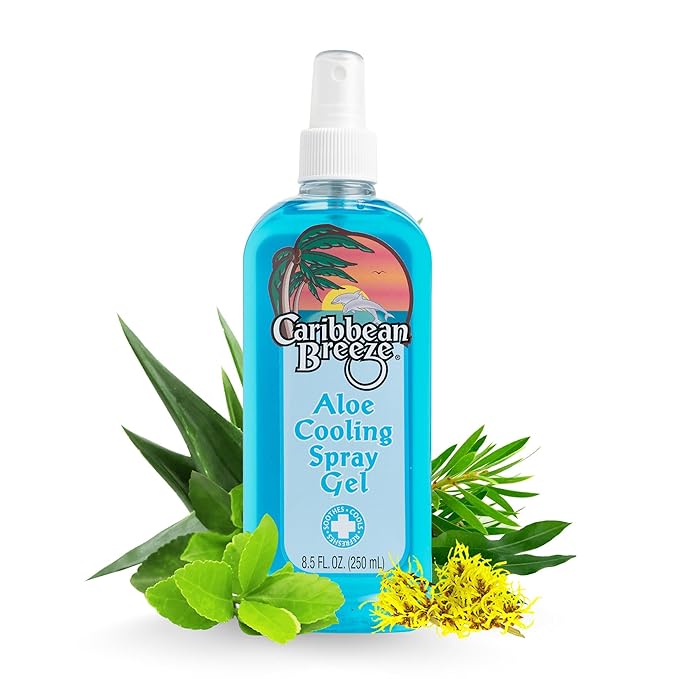 Caribbean Breeze Aloe Cooling Spray Gel, Mango Lime Aloe Vera Gel for Sunburn Relief Spray, Vitamin Enriched with Camellia & Tea Tree, 8.5 oz (250 ml)