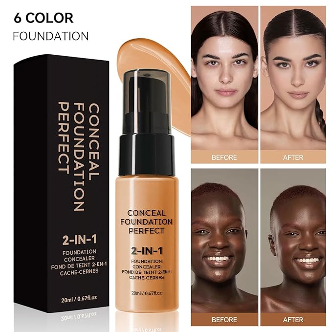 6 Colors Liquid Foundation Long-Lasting,Poreless Liquid Oil Concealer Foundation For All Skin Type,Waterproof & Sweat-Proof,Easy To Push Away,Flawless Finish Foundation,Balanced Skin Color
