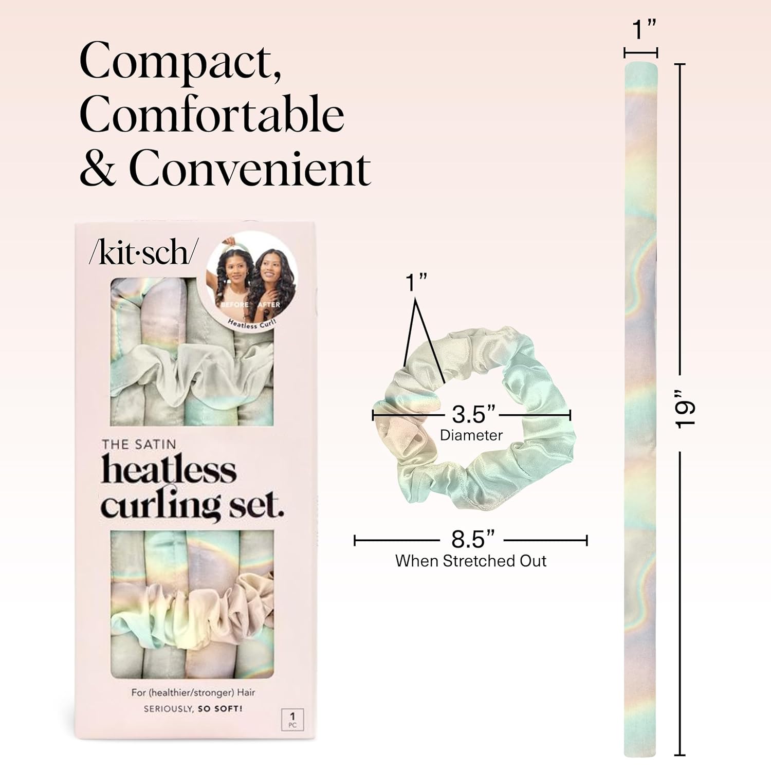 Kitsch Satin Heatless Hair Curler Set - Heatless Curls Overnight, Hair Rollers for Soft Curls & Frizz-Free Styling, No Heat Curlers To Sleep in, Curling Rod Headband with 2 Scrunchies - Aura