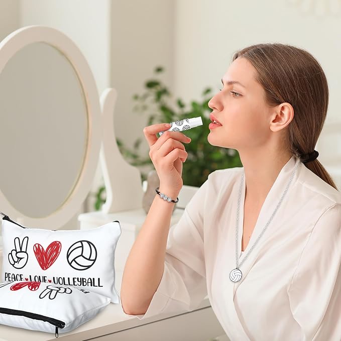 72 Pcs Sports Team Gifts Include 12 Makeup Bags 12 Lip Balm 12 Lip Balm Holder 12 Necklace 12 Adjustable Bracelet 12 Mirrors for Sports Lovers Players Party Favors (White, Volleyball)