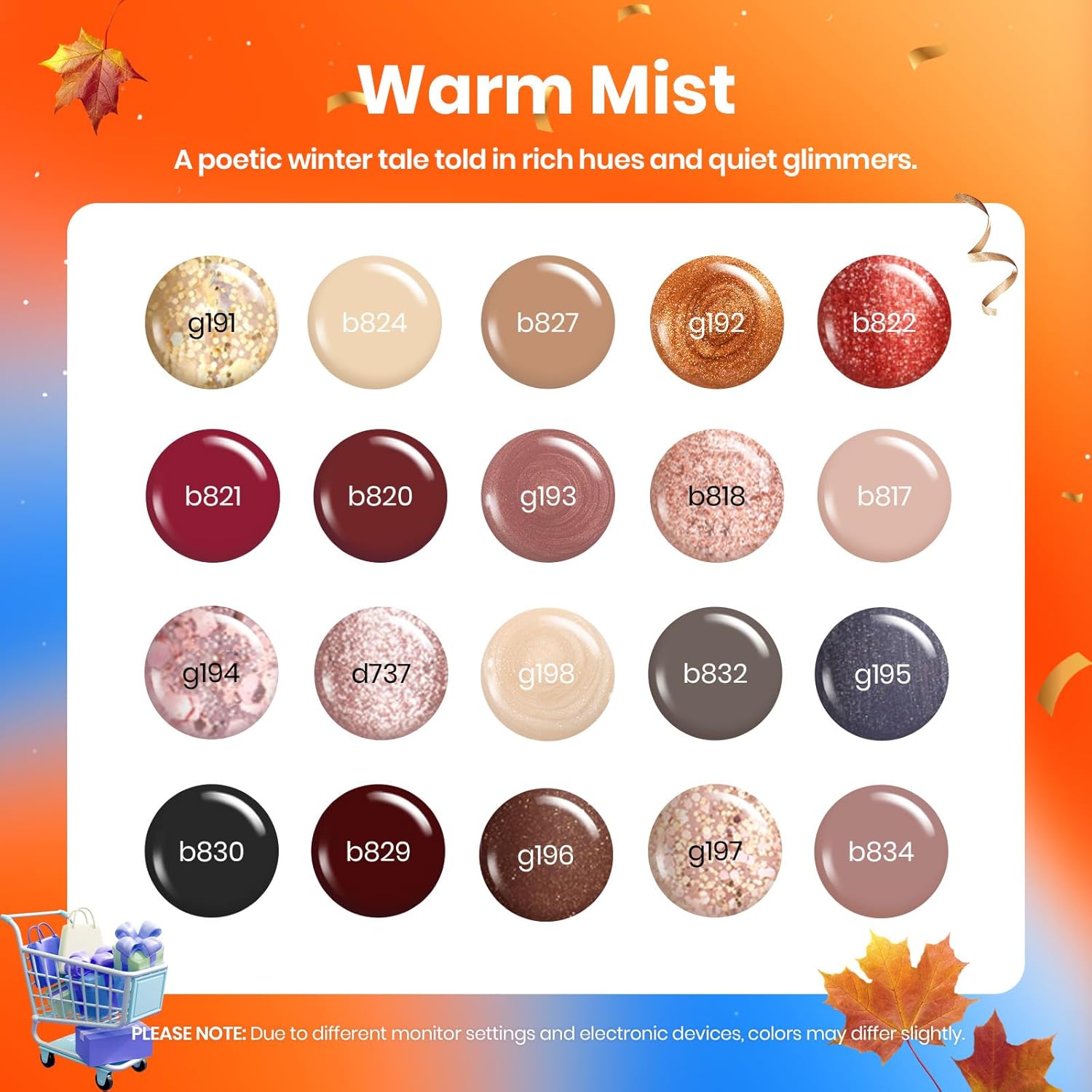 Beetles Gel Nail Polish Set - 20 Colors Warm Mist Fall Gel Nail Kit Burgundy Brown Nude Gold Glitter Gray Shimmer Soak Off Long Lasting with Base & Top Coat Home DIY Salon Nail Art Gift Set for Women