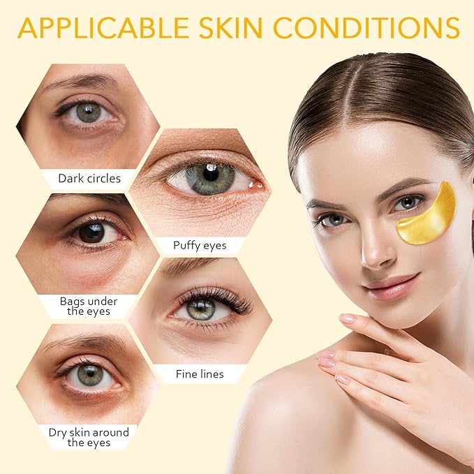 Under Eye Patches, Gold Eye Patches for Puffy Eyes and Dark Circles 24k Gold Under Eye Mask for Wrinkles Eye Bags for Women and Men Collagen Skincare Treatment (20pcs)