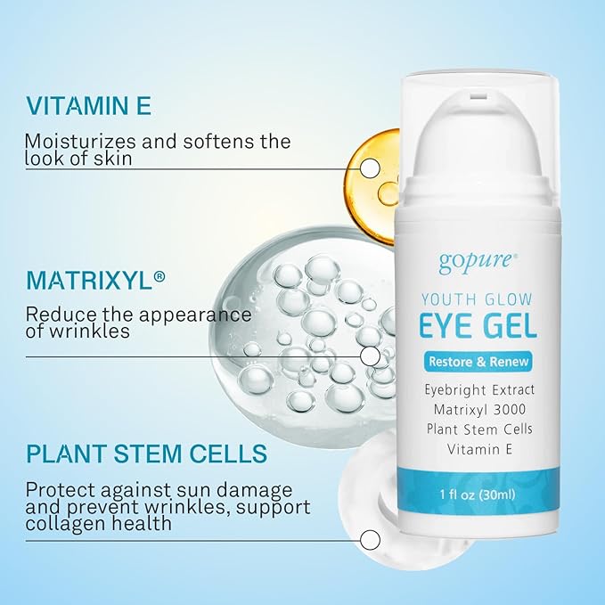 goPure Youth Glow Eye Gel - Anti-Aging Eye Cream that Soothes and Hydrates, Made with Matrixyl 3000 and Hyaluronic Acid for Improve the Look of Puffiness, Dark Circles, and Under Eye Bags - 1 fl oz