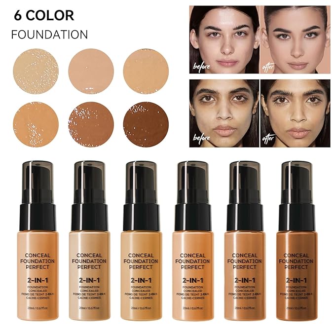 6 Colors Liquid Foundation Long-Lasting,Poreless Liquid Oil Concealer Foundation For All Skin Type,Waterproof & Sweat-Proof,Easy To Push Away,Flawless Finish Foundation,Balanced Skin Color