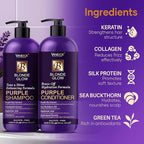 Sulfate Free Brass Toning Purple Shampoo and Conditioner Set for Blondes, Brown Highlighted, or Bleached Hair, Shampoo for Blondes Infused with Purple Rice Extract (16 fl oz each)