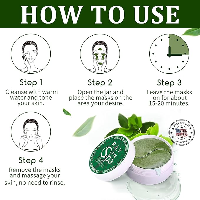 Under Eye Patches, Eye Masks, 30 Pairs Collagen Patches for Nourish Firming Repair for Fine Lines, Wrinkles, Dark Circles Bags Eye Treatment, Improve Lines Puffiness for men women (Green Tea)