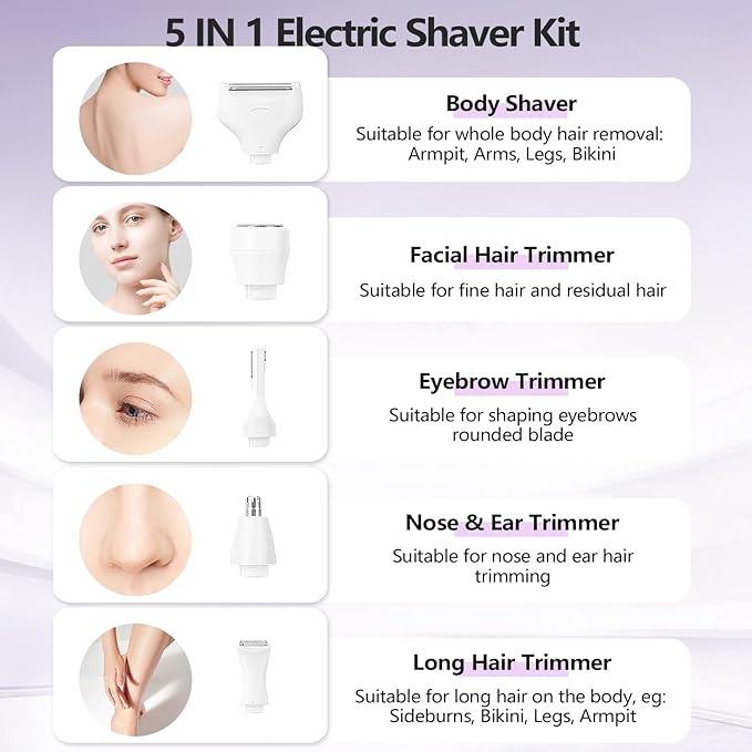Electric Razors Shavers for Women, Bikini Trimmer 5 in 1 Lady Electric Shaver Razor Wet/Dry Face Razors for Face Nose Eyebrow Arms Armpit Legs Pubic Hair Area Painless Facial Hair Removal for Women