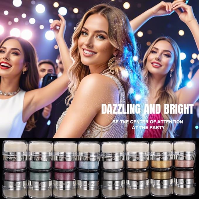 Glitter Body Highlighter Powder Body Shimmer Sparkle Face Brightening Highlighter Powder for Face Eyes Body Glow Makeup With sponge head（08#）