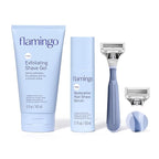 Flamingo Pubic Hair Razor for Women, Shaving Kit, 1 Razor, Exfoliating Shaving Gel 5 fl oz - Restorative Post Shave Serum 1.7 fl oz, Starter Set, Full Kit