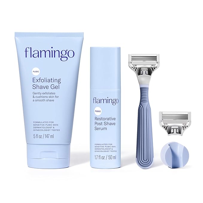 Flamingo Pubic Hair Razor for Women, Shaving Kit, 1 Razor, Exfoliating Shaving Gel 5 fl oz - Restorative Post Shave Serum 1.7 fl oz, Starter Set, Full Kit