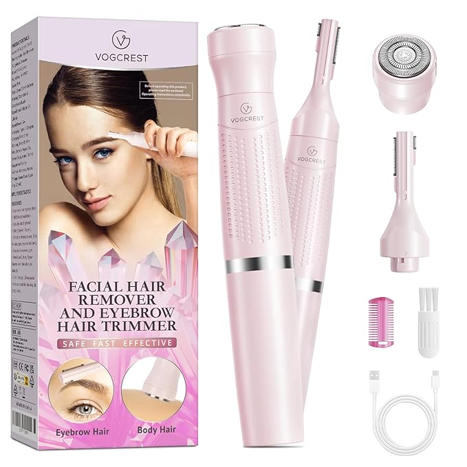 Women's Eyebrow Trimmer & Facial Hair Remover, 2 in 1, Double Rotating Blades, Safe, Painless, Hypoallergenic, Rechargeable, USB Charging