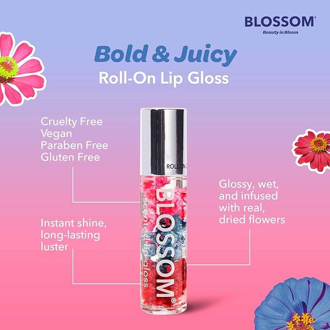 Blossom Roll on Lip Gloss, Scented Clear High Shine Moisturizing Lip Oil, Non Sticky, Infused with Real Flowers, Made in USA, 0.2oz, Island Fruit